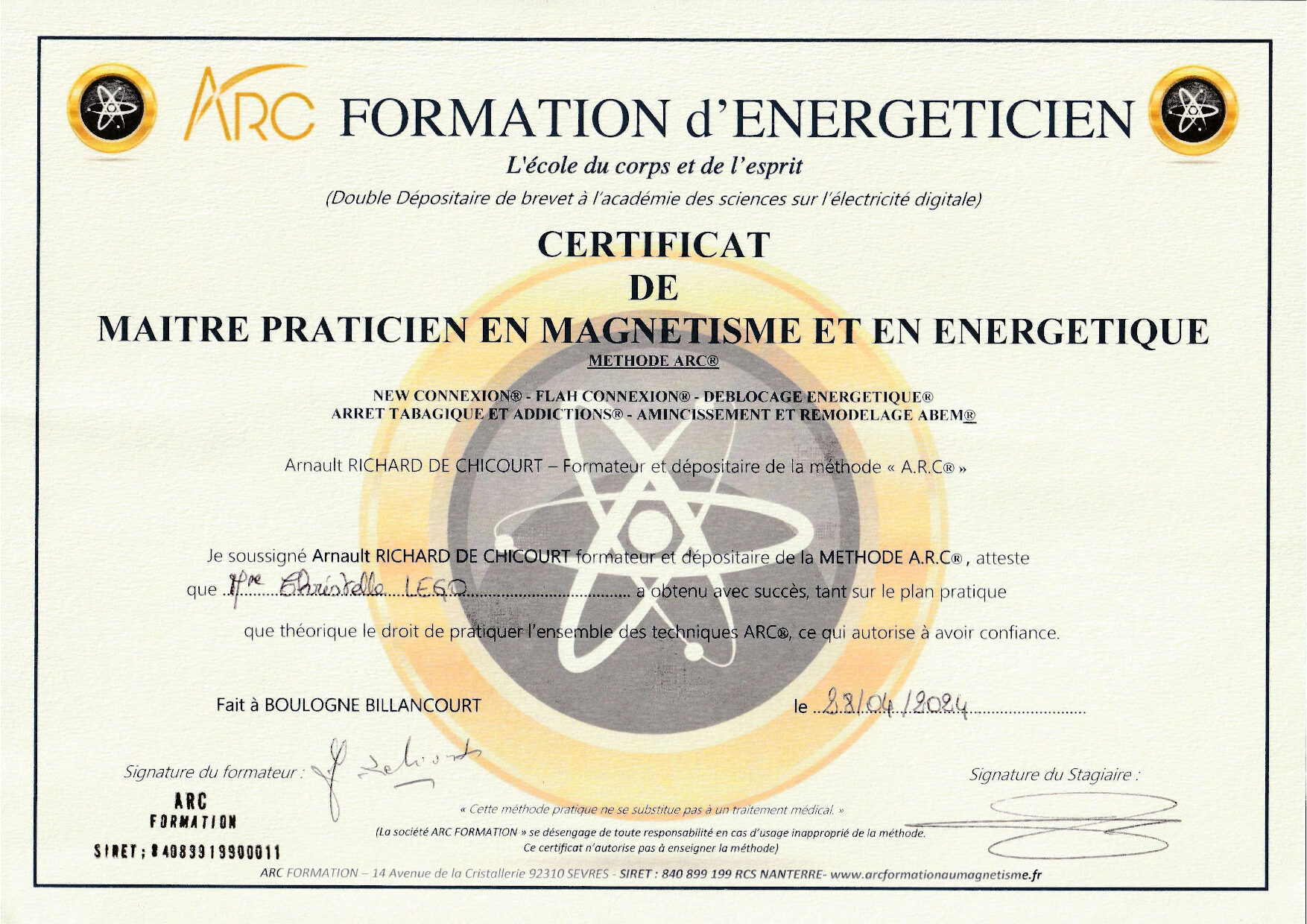 certificat de maître praticien en magnétisme et énergétique - Christelle LEGO